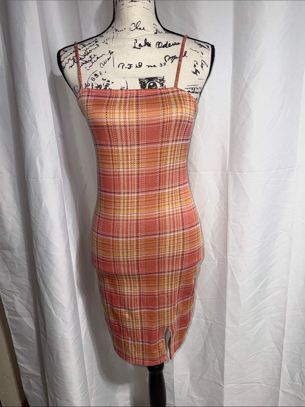 Rue 21 Plaid Spaghetti-Strap Bodycon Dress in Coral Yellow